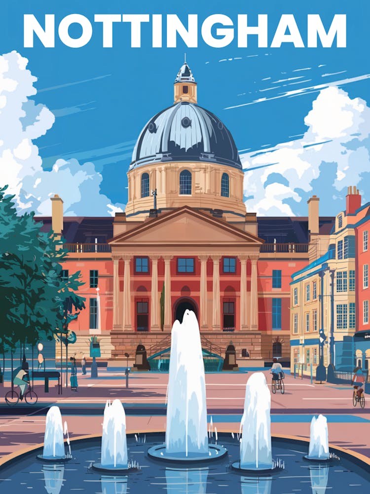 Anime Canvas Art: Nottingham Cityscape Featuring the Council House, Reflective Fountains, and Bright Blue Sky, Perfect for Lofi Aesthetic and Urban Decor Fans.