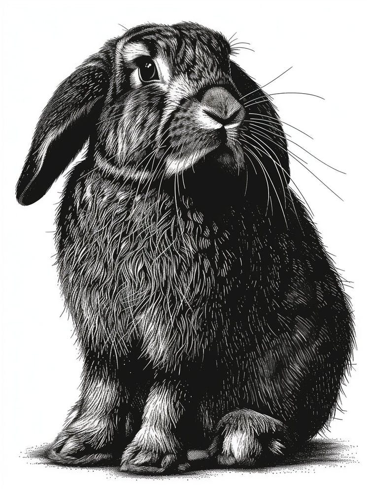 American Fuzzy Lop Black Blockprint Rabbit Illustration 1