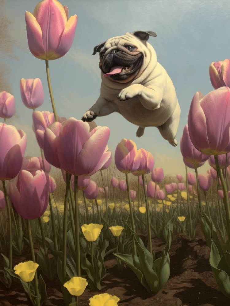 Happy Pug in the Tulips