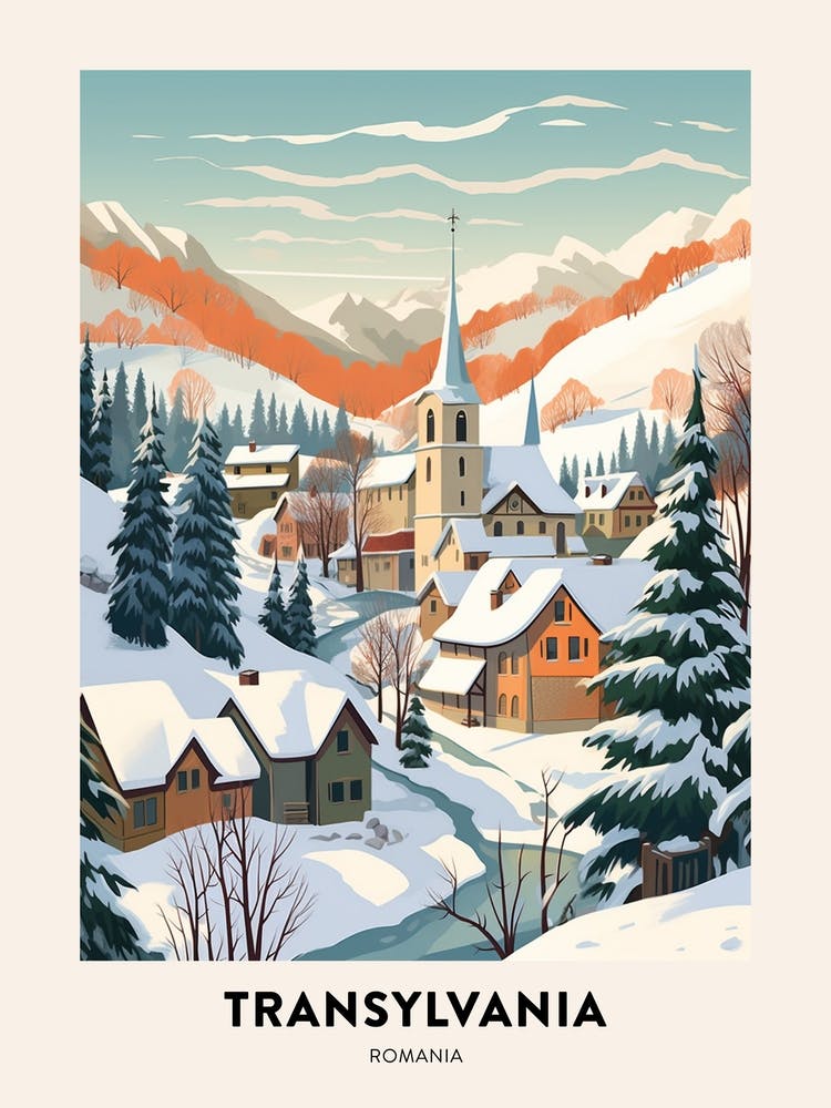 Vintage Winter Travel Poster Transylvania Romania 2