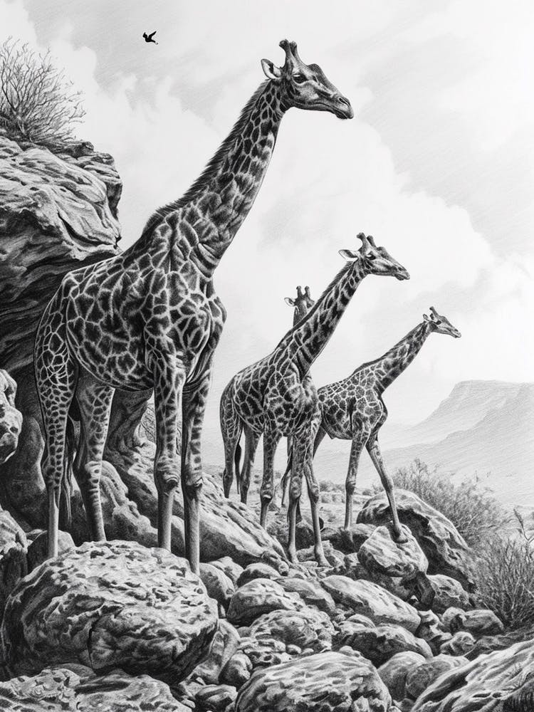 Herd Of Giraffe Pencil Portrait 4