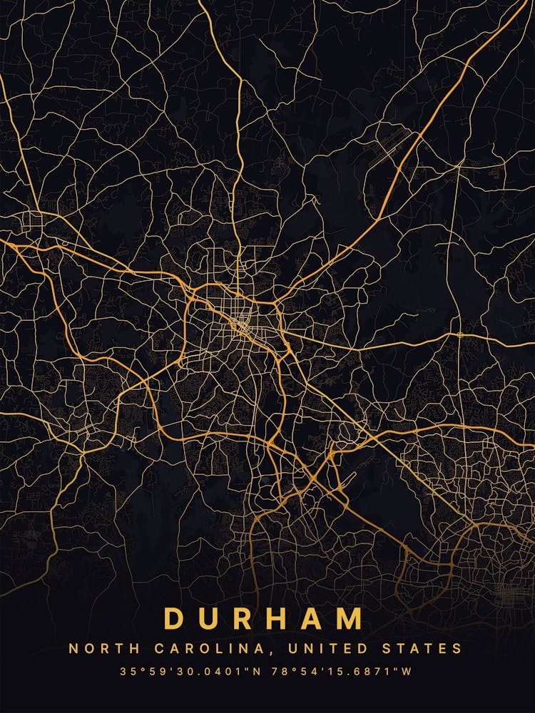 Durham North Carolina United States Black And Gold Map