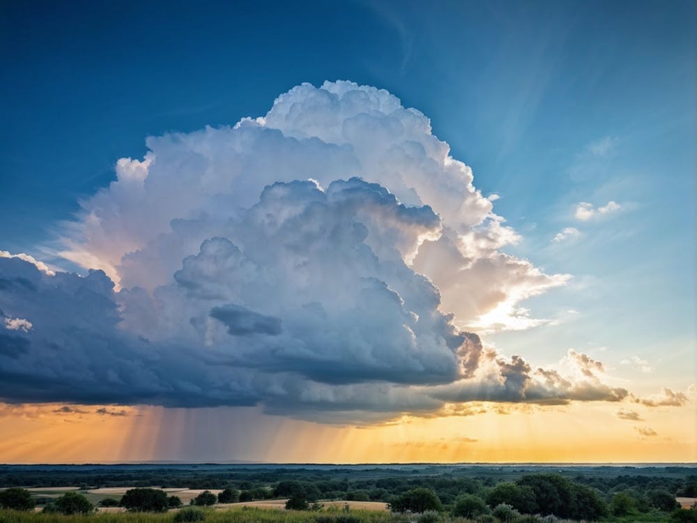 Cumulus Clouds Looming High Over A Serene Landscape Bathed In Sunset Light A Cluster Of White Clou (4)