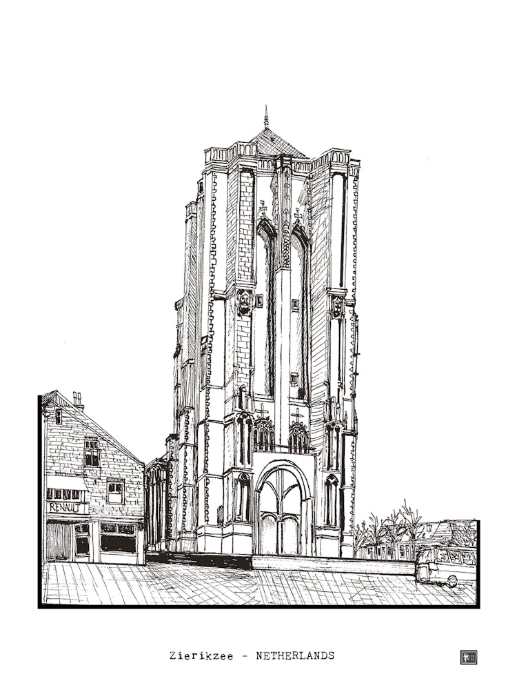 Dikke Toren Zierikzee Netherlands - Pen & Ink Architecture Drawing - Dutch Architectural Sketch & Travel Gifts