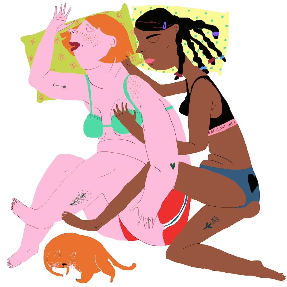 Sleeping Couple With Ginger Cat