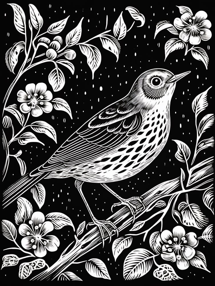 B&W Bird Linocut Hermit Thrush 1