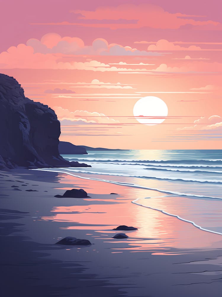 Illustration Of Gwithian Beach Cornwall In Pink Tones 2