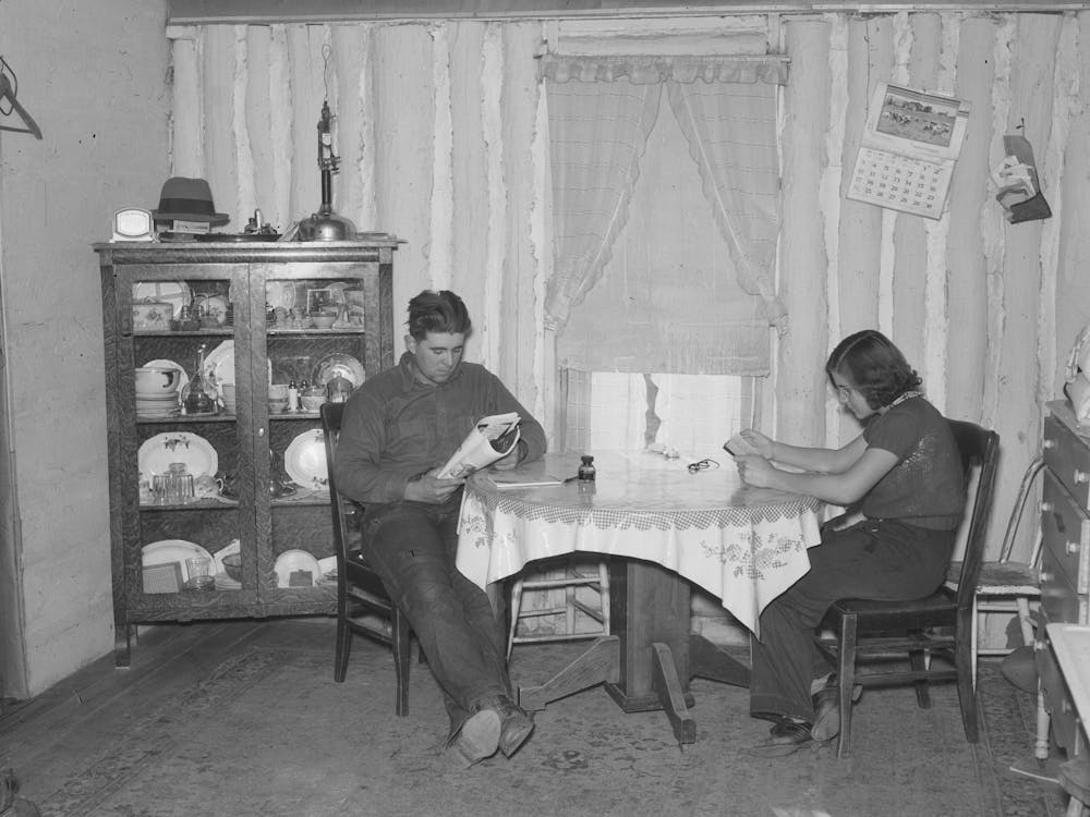 Children Of Farmer Reading In Dining Room, Note Construction Of The Walls, Williams County, North Dakota By