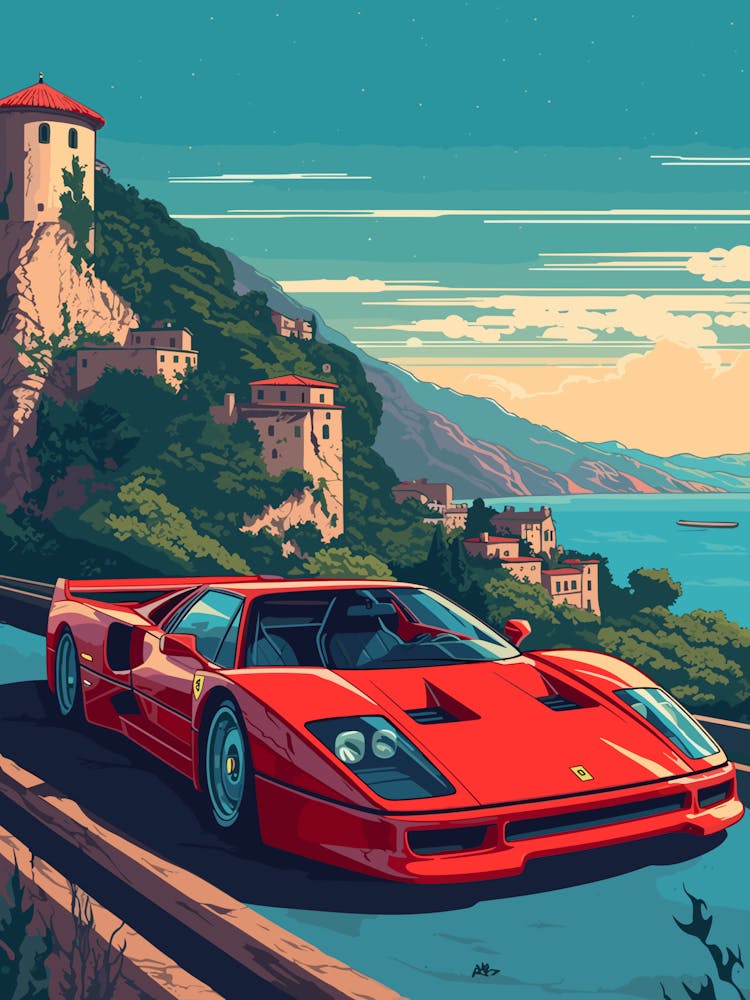 A Ferrari F40 In Amalfi Coast, Italy, Car Illustration 1