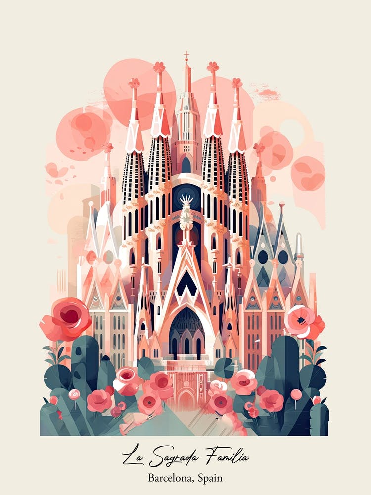 La Sagrada Familia Barcelona, Spanien Niedliches botanisches Illustrations-Reiseposter 5