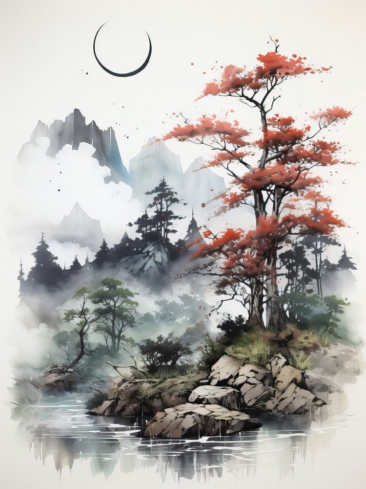 Mount Gassan In Yamagata, Japanese Brush Painting, Ukiyo E, Minimal 4
