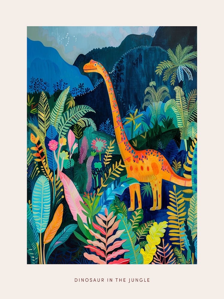 Colourful Dinosaur In The Jungle Leaves Painting 1 Poster