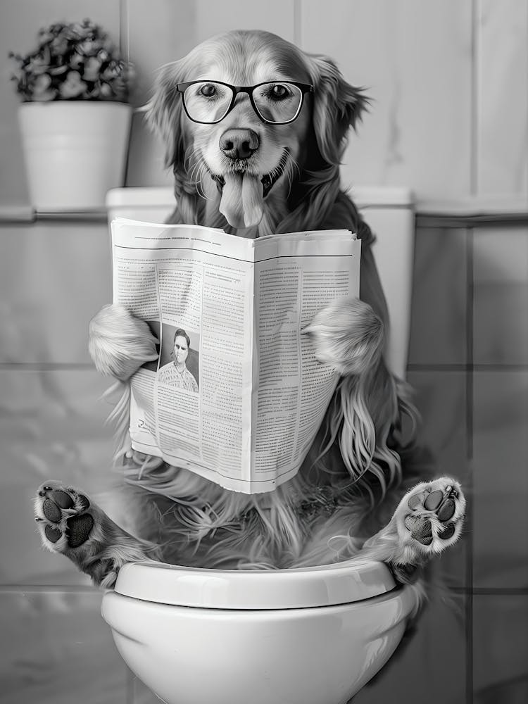 Golden Retriever Sitting On Toilet Wall Art, Dog Reading Newspaper, Black And White Print, Pet Art, Funny Dog Poster, Bathroom Wall Decor