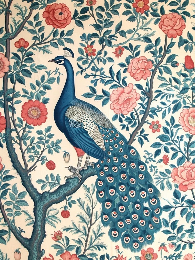 Vintage Peacock Cream Floral Decadent Wallpaper 1