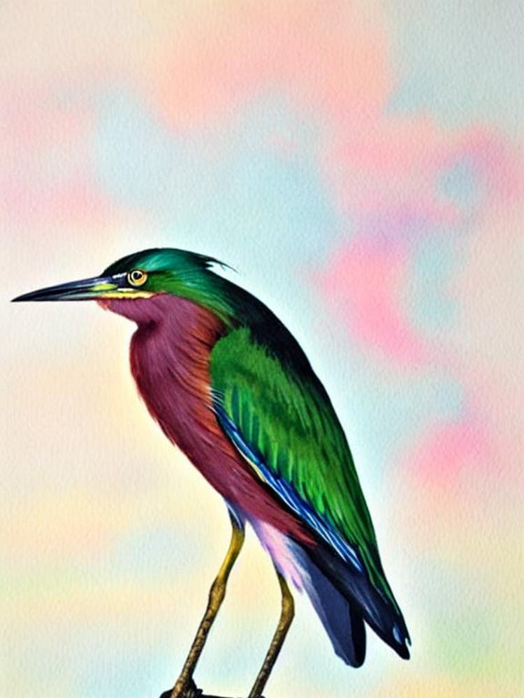 Green Heron Watercolour Bird