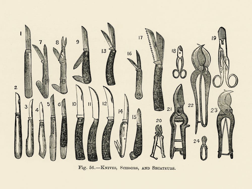 Illustration Vintage de Couteaux, Ciseaux, Sécateurs, John Wright