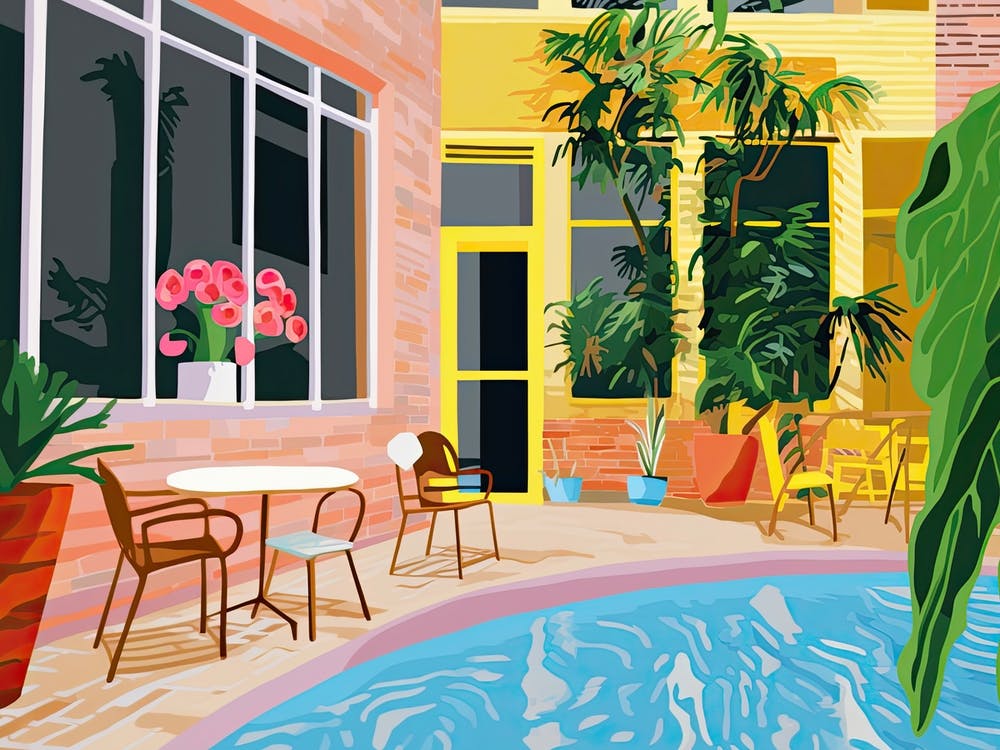 Summer Patio With Pool And Plants, Hockney Style