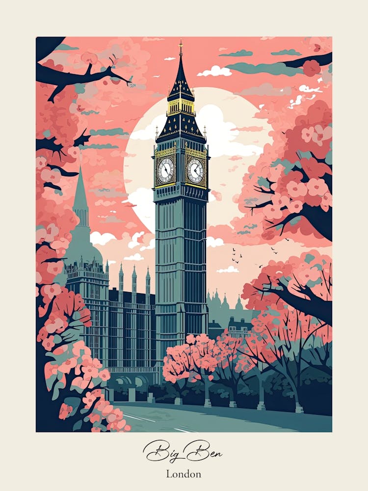Big Ben, London   Cute Botanical Illustration Travel 2 Poster