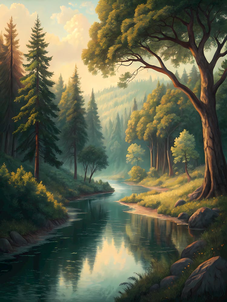 Oil Painting Style Tranquil Forest River Serene Landscape & Tall Trees
