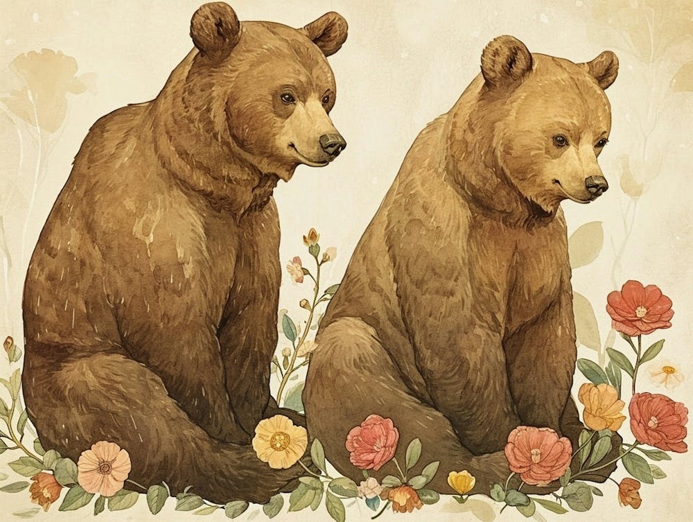 Floral Animal Illustration Brown Bear 4