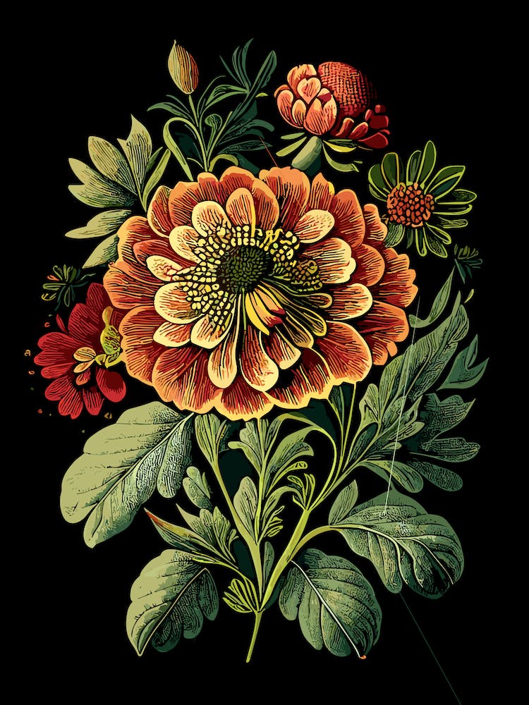 Zinnia Wildflower Vintage Botanical