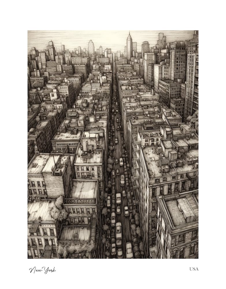 New York Usa Pencil Sketch 2 Watercolour Travel Poster