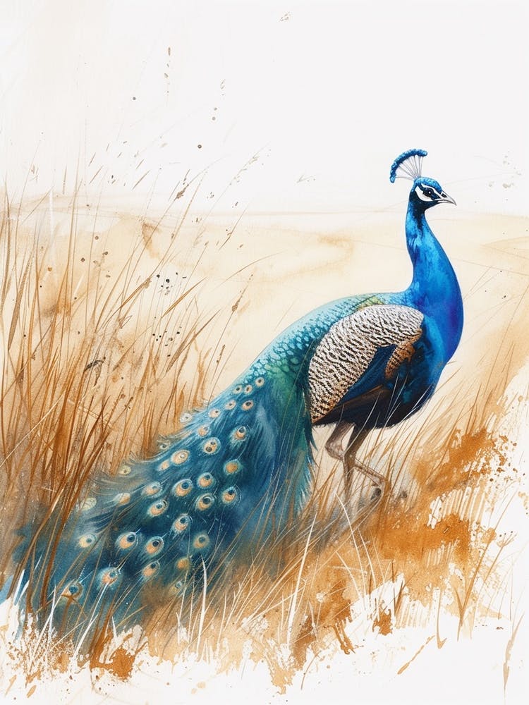 Watercolour Peacock In The Grass