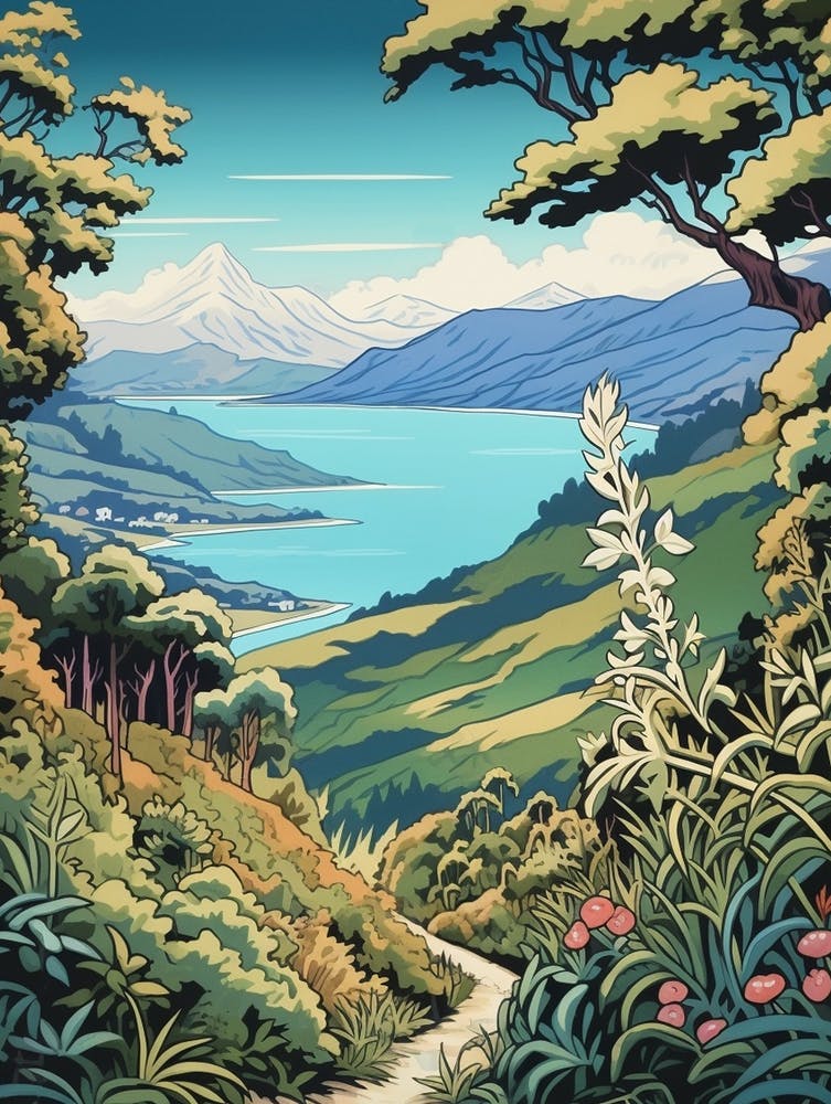 Queen Charlotte Track New Zealand Vintage Travel Illustration