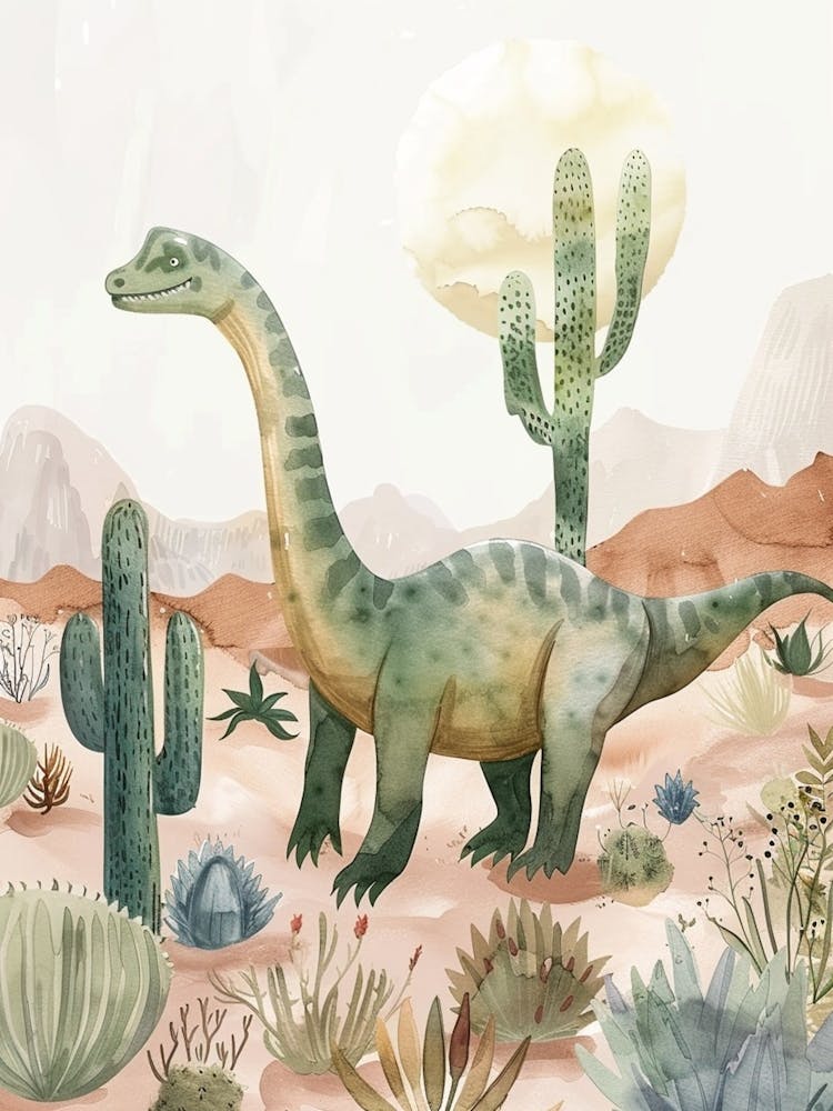 Dinosaur In The Desert With Cactus Storybook Watercolour 4