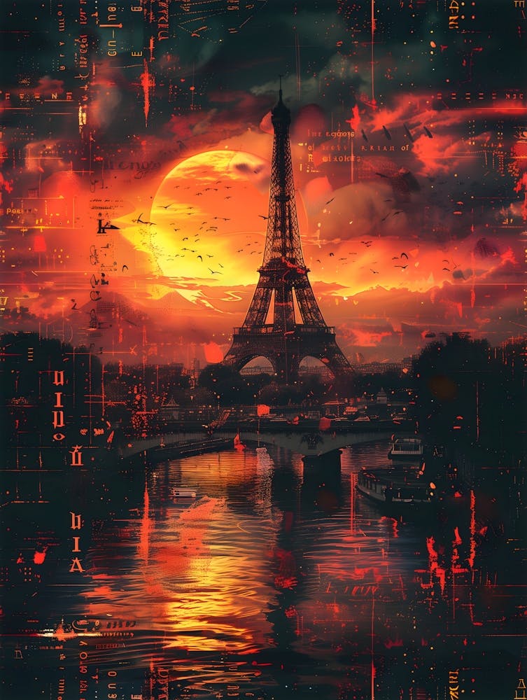 Sunset In Paris, Cityscape Collage Retro