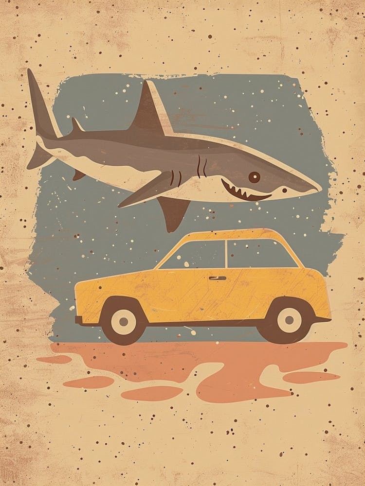 Requin Nageant Près d'une Voiture Style Livre d'Histoires
