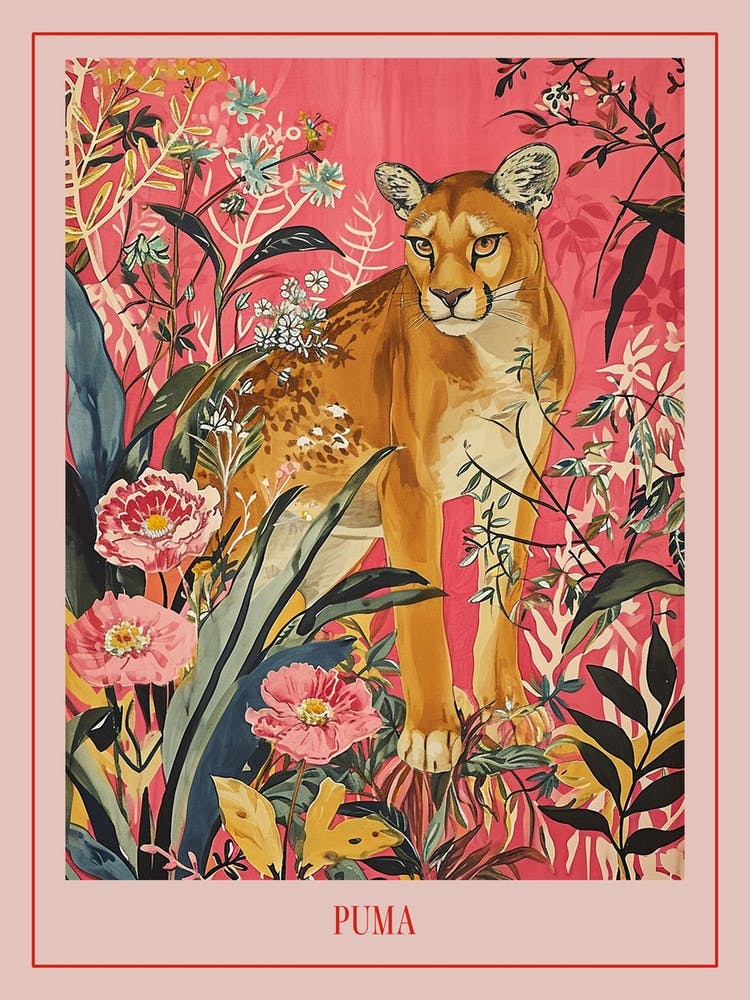 Floral Animal Painting Puma 2 Poster