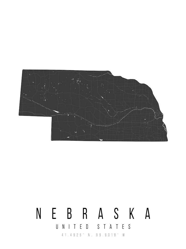 Nebraska Mono Black And White Modern Minimal Street Map