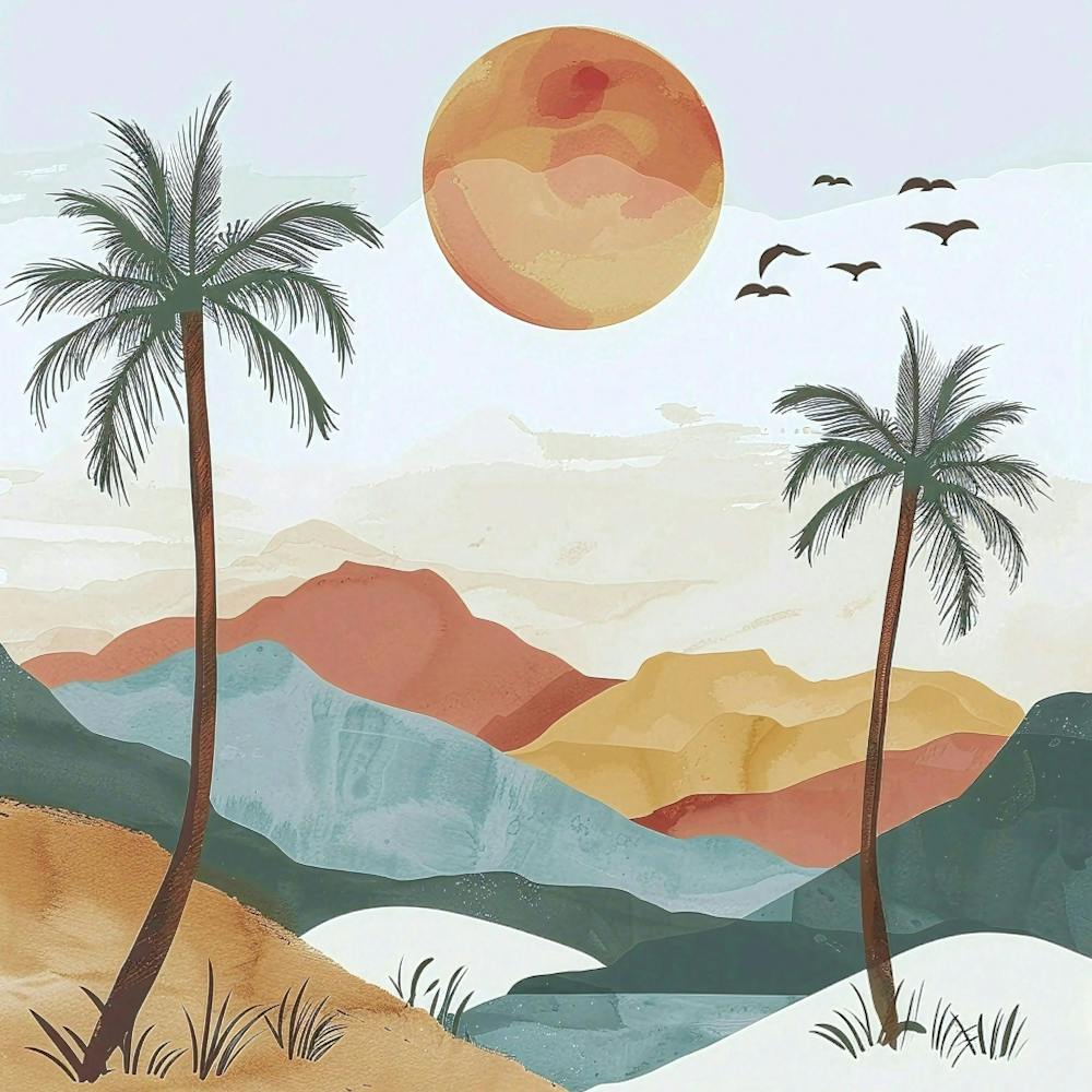 Desert Tropics – Sunset Palms & Mountains Abstract