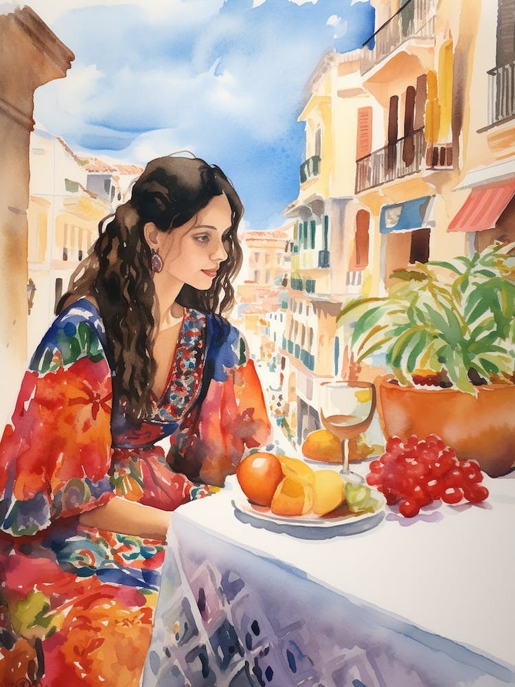 At A Cafe In Cartagena Spain 2 Watercolour