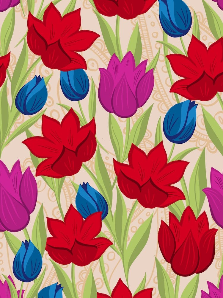 Red Stylised Floral In Beige