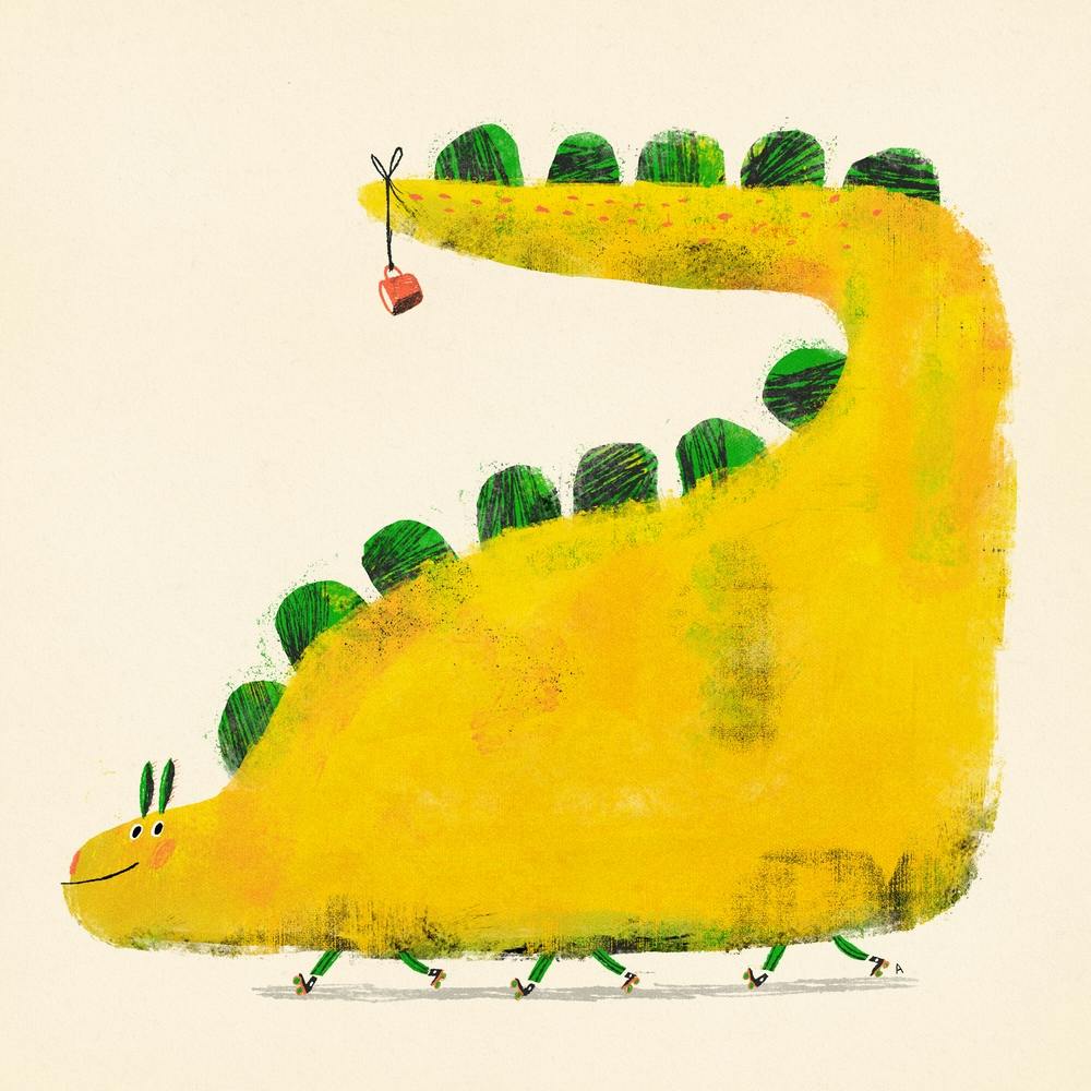 Yellow Dinosaur With Roller Skates And Coffee Cup