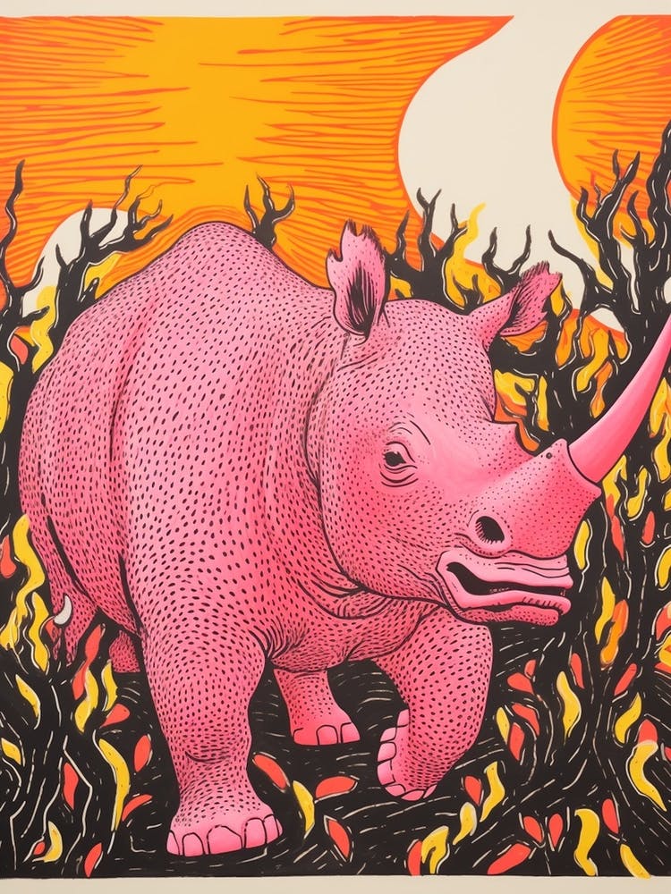 Linocut Inspired Pink Orange & Yellow Rhino 2