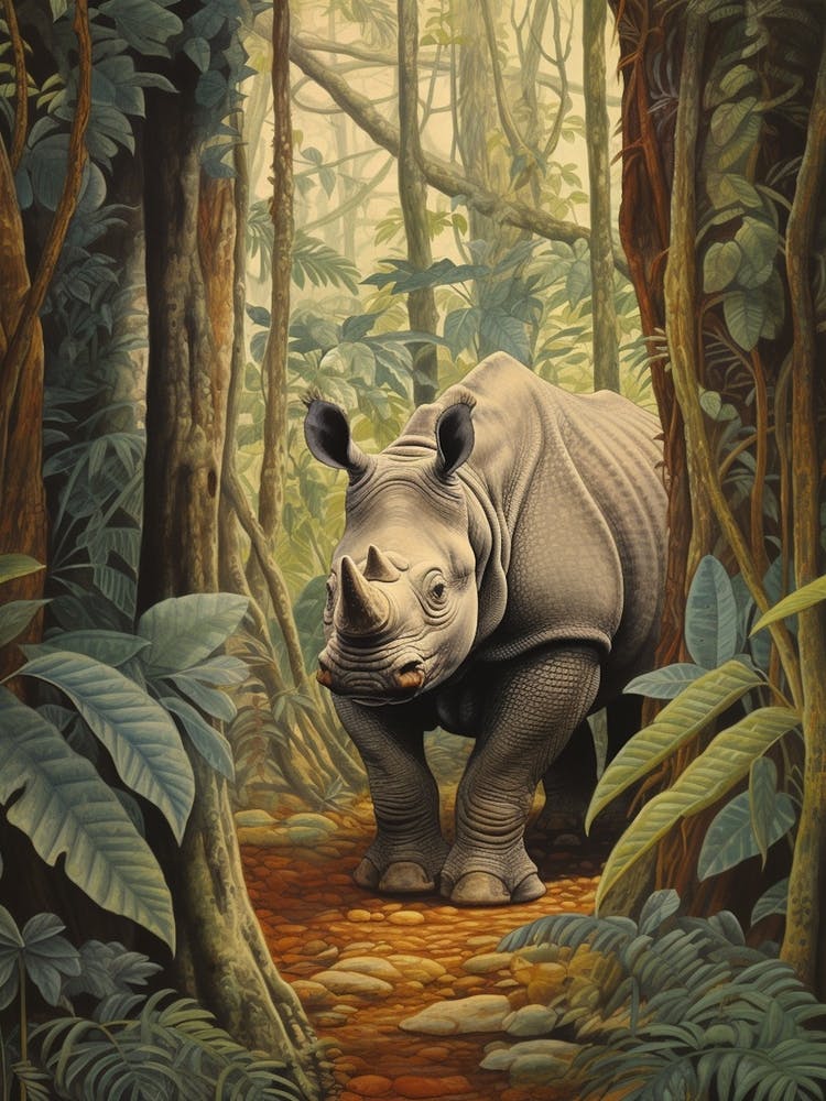 Nashorn im Dschungel Realistische Illustration 6