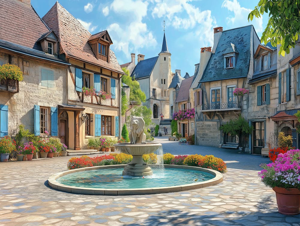 French Village Square With Cobblestone Streets, Ornate Fountains, And Blooming Flowers