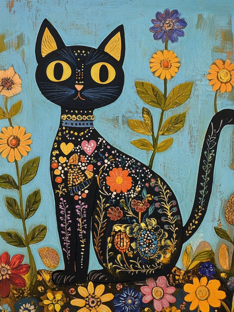 Black Cat In Flowers