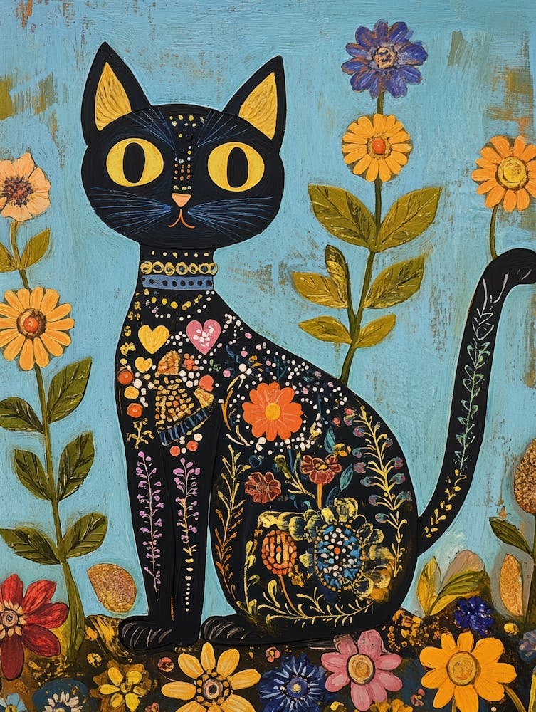 Black Cat In Flowers