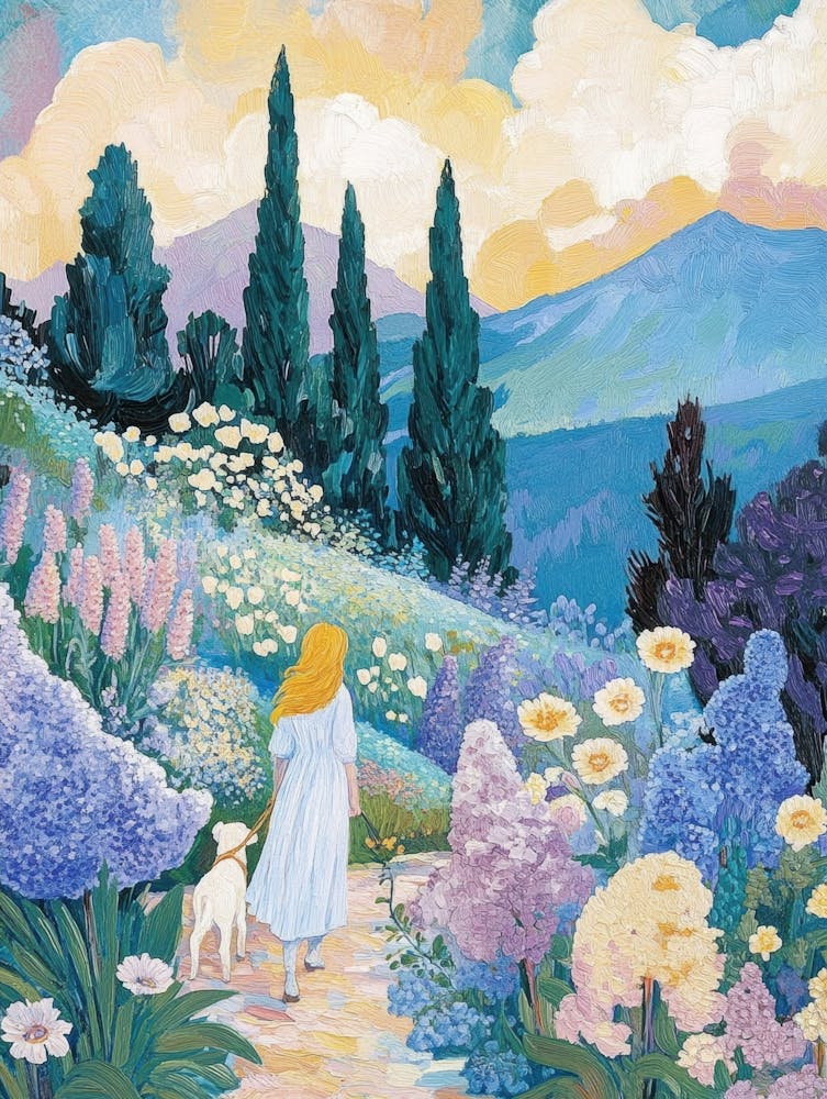 Girl Walking Dog In The Garden Colorful