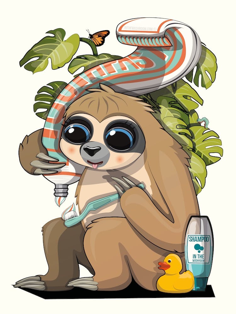 Sloth Cleaning Teeth, in the Bathroom