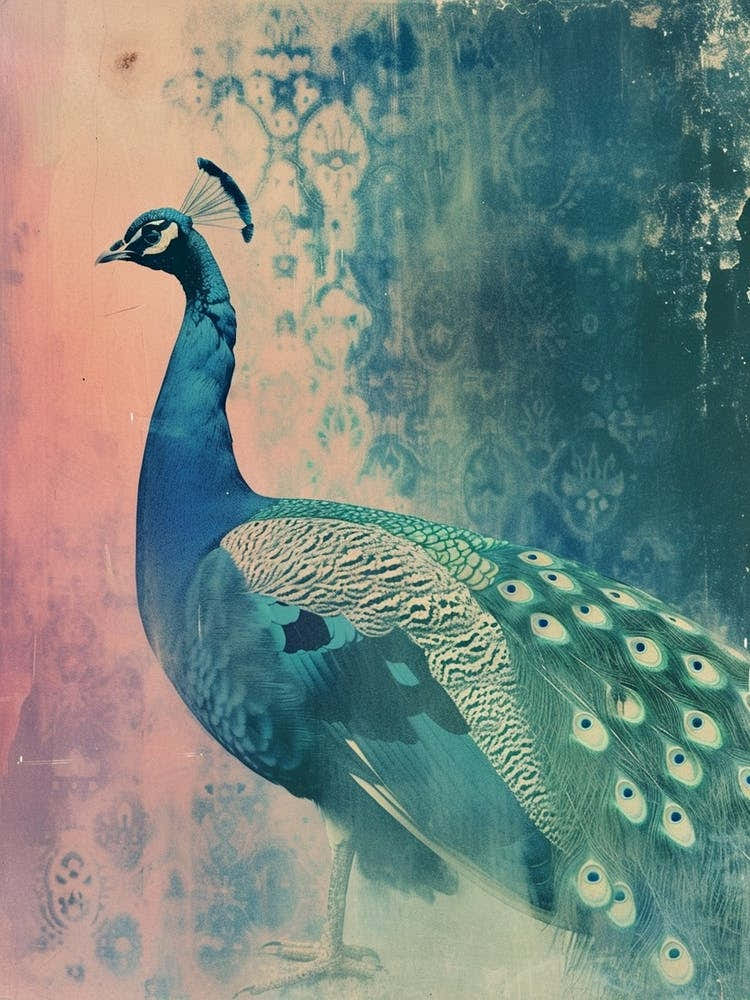 Vintage Pink & Turquoise Peacock Cyanotype Inspired