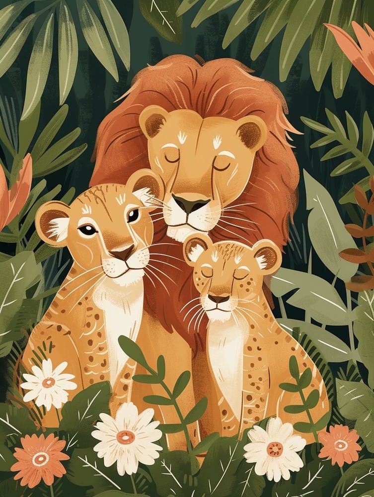 African Lion Family Bonding Illustration 2
