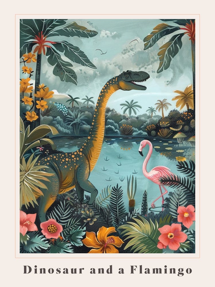 Dinosaur With Flamingo Painting 1 Poster