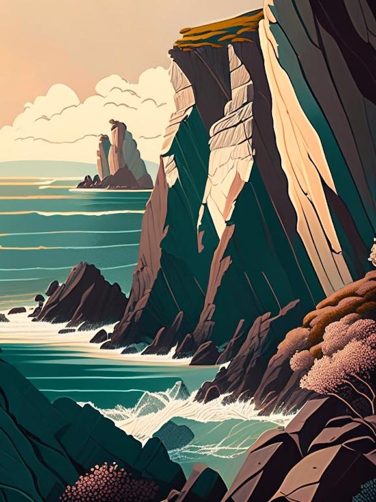 Küstenklippen und Felsküsten Gewässerlandschaft Retro-Illustration 1