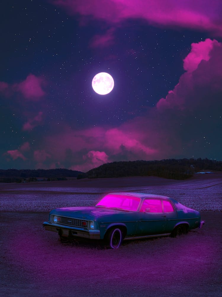 Neon Car And Full Moon