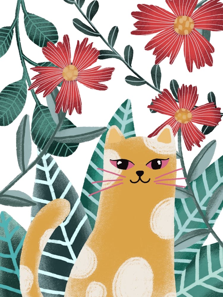 Wild Cat With Red flowers and lush leaves floral artwork